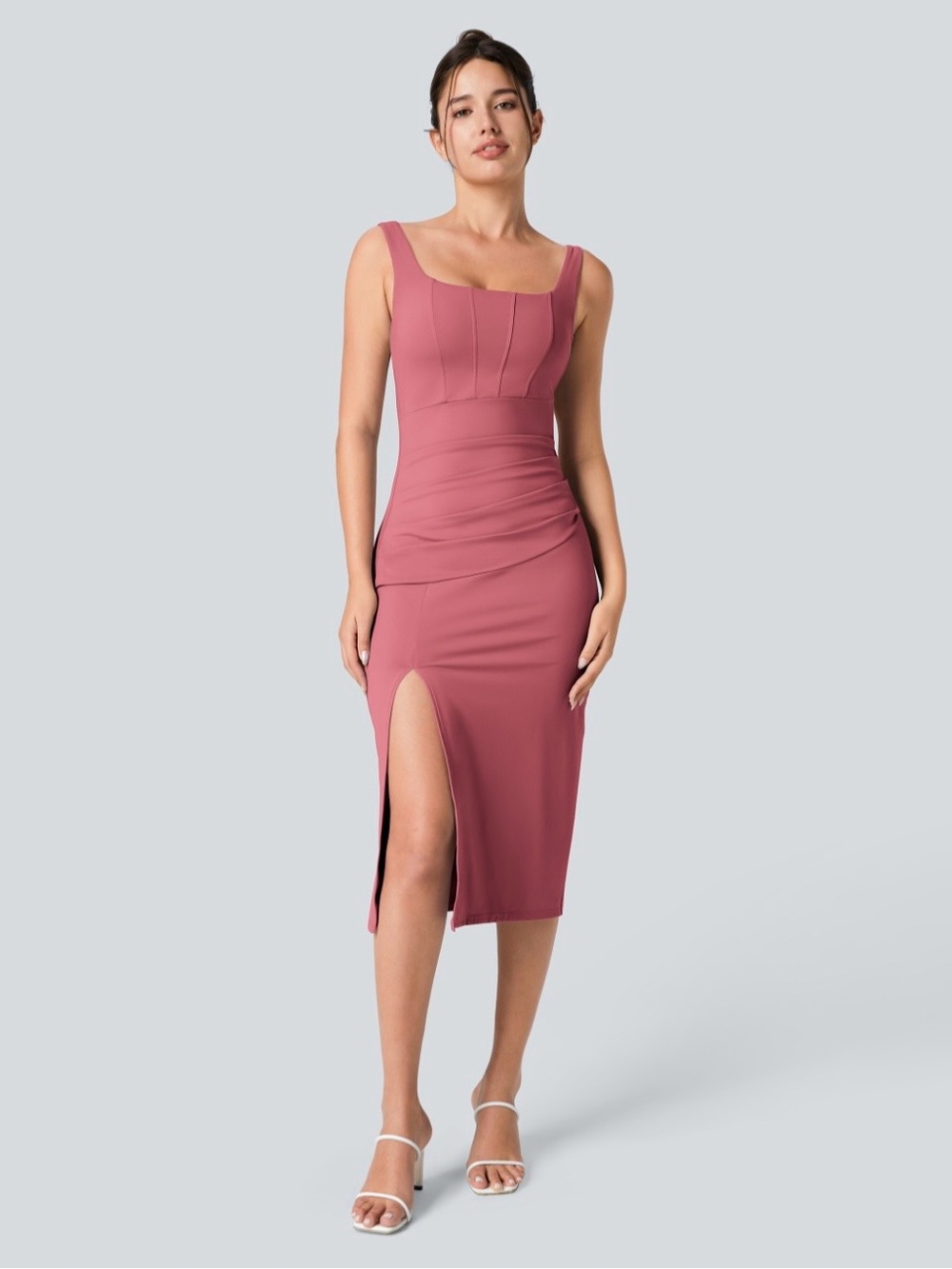 HALARA Midi Square-Neck Dress in Rosewood Pink